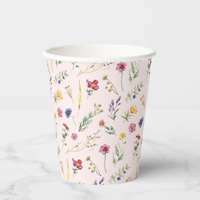 Pink Wildflower Spring Floral Paper Cups (Front)