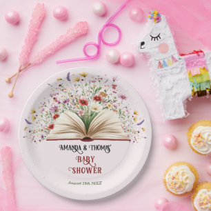 Pink Wildflower Storybook Blue Baby Shower  Paper Plate