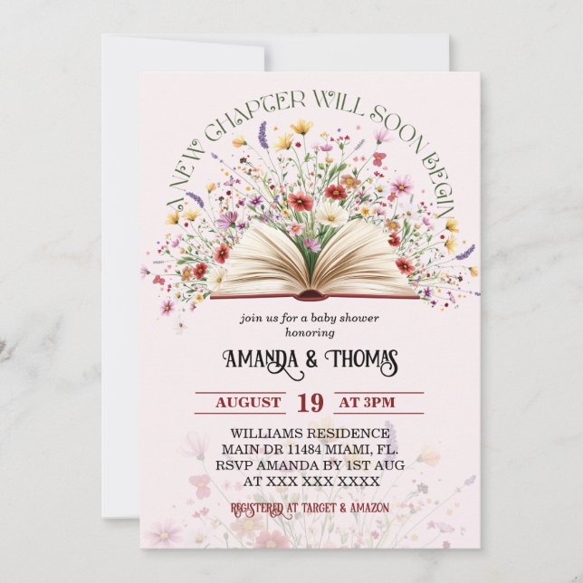 Pink Wildflower Storybook New Chapter Baby Shower Invitation (Front)