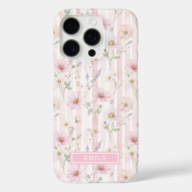 Pink Wildflower Striped Monogrammed Case-Mate iPhone Case (Back)