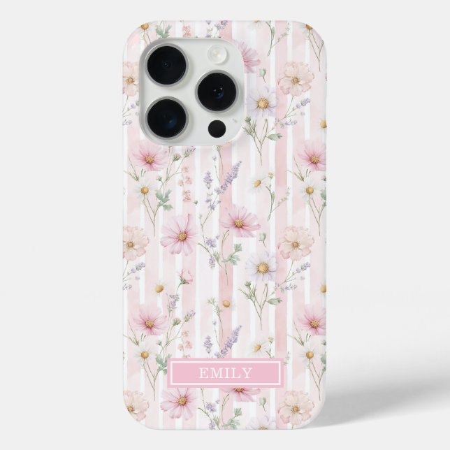 Pink Wildflower Striped Monogrammed Case-Mate iPhone Case (Back)