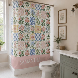 Pink Wildflower Watercolor Floral Name Shower Curtain
