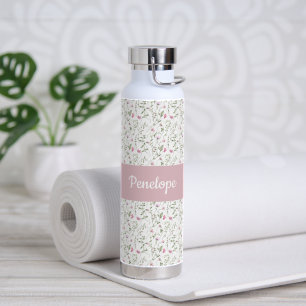 Pink Wildflower Watercolor Monogram Name Water Bottle