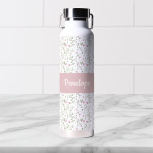 Pink Wildflower Watercolor Monogram Name Water Bottle