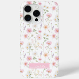 Pink Wildflower Watercolor Monogrammed iPhone 15 Pro Max Case