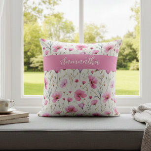 Pink Wildflower Watercolor Name  Cushion