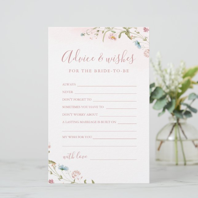 Pink Wildflower wedding advice & wishes card (Standing Front)