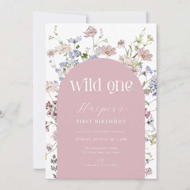 Pink Wildflower Wild One 1st Birthday Invitation (Front)