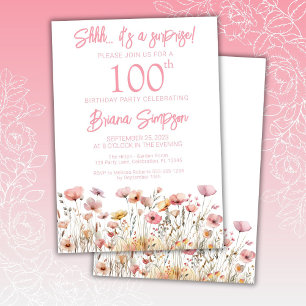 Pink Wildflowers 100th Surprise Birthday Party Invitation