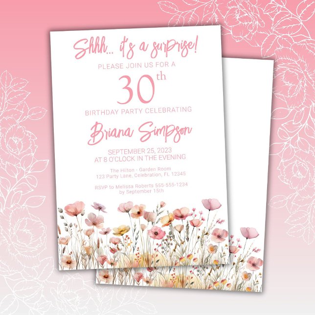 Pink Wildflowers 30th Surprise Birthday Party Invitation (Creator Uploaded)