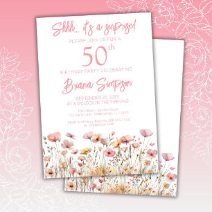 Pink Wildflowers 50th Surprise Birthday Party Invitation