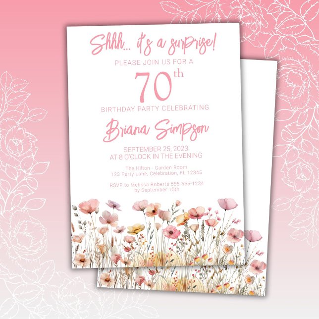 Pink Wildflowers 70th Surprise Birthday Party Invitation (Creator Uploaded)
