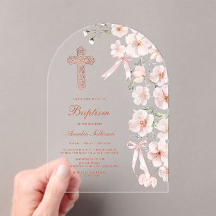 Pink Wildflowers and Bows Arch Baptism Acrylic Invitations