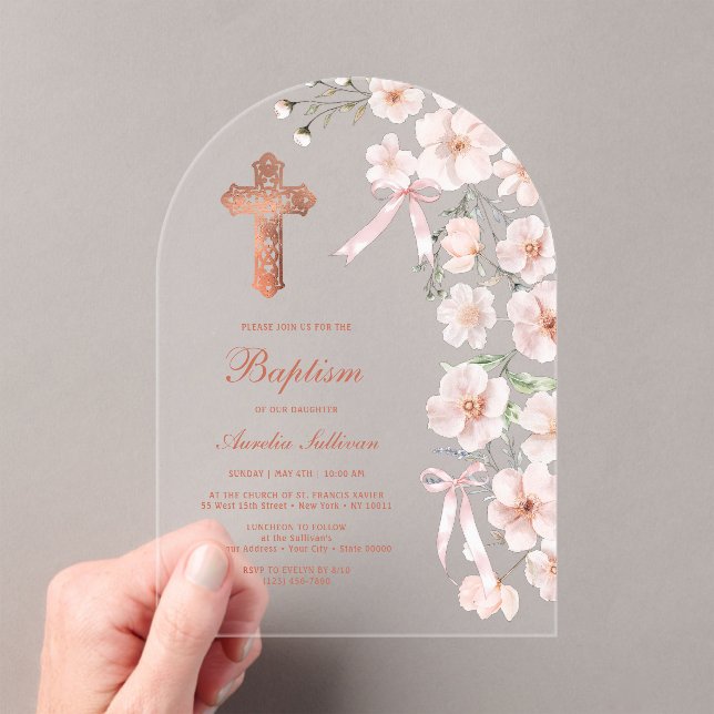 Pink Wildflowers and Bows Arch Baptism Acrylic Invitations (Insitu (Handheld))