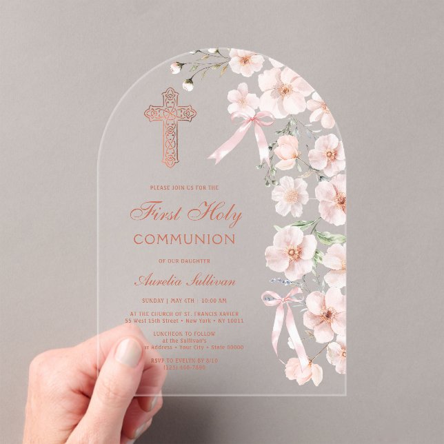 Pink Wildflowers and Bows Arch First Communion Acrylic Invitations (Insitu (Handheld))