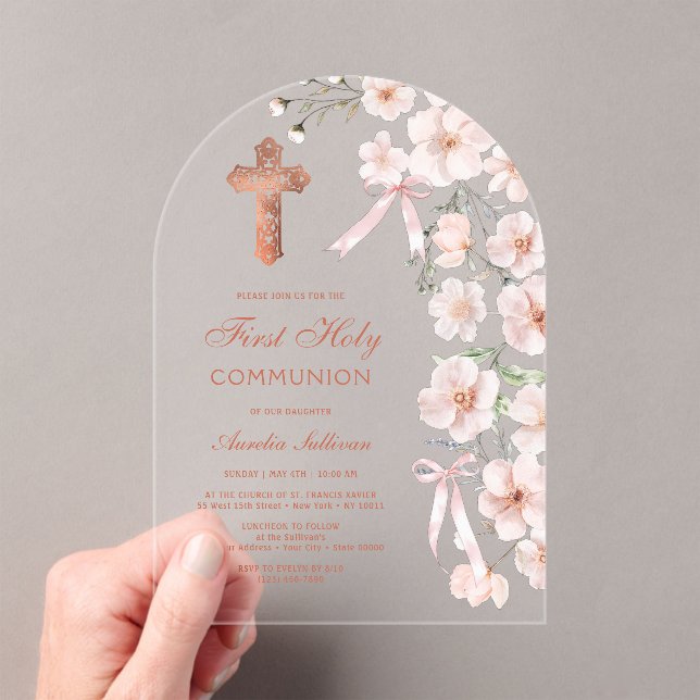 Pink Wildflowers and Bows Arch First Communion Acrylic Invitations (Insitu (Handheld))