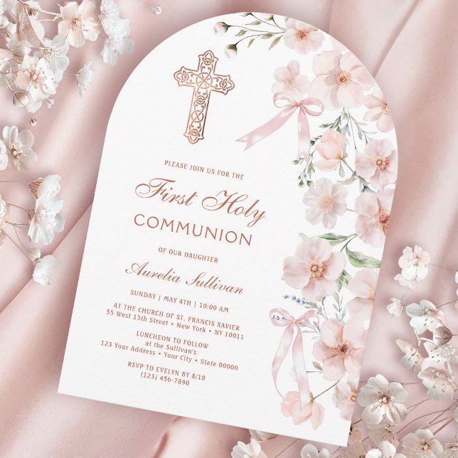 Pink Wildflowers and Bows Arch First Communion Invitation (Creator Uploaded)