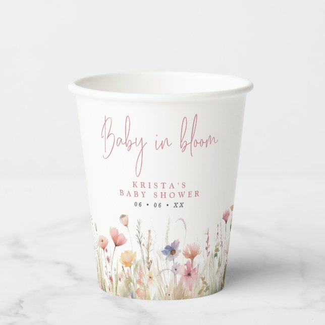 Pink Wildflowers Baby In Bloom Baby Shower Paper Cups (Front)
