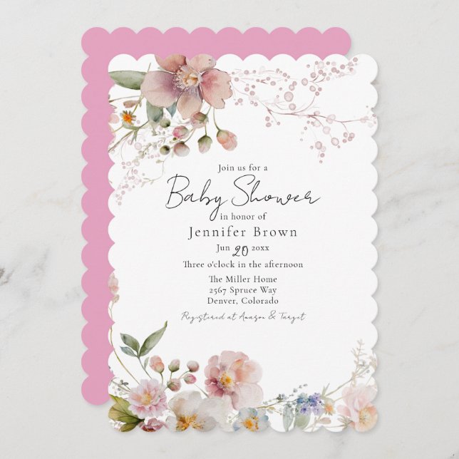 Pink Wildflowers Baby Shower Invitation (Front/Back)