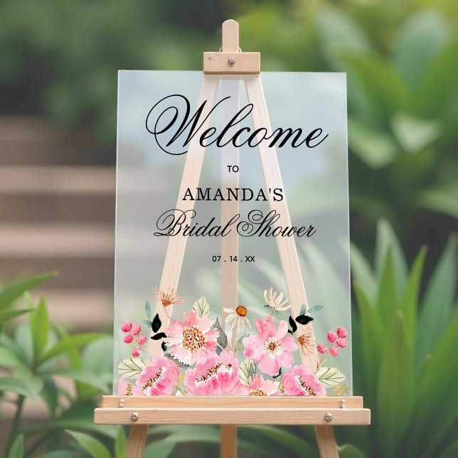 Pink Wildflowers Bridal Shower Welcome Acrylic Sign (Pink garden floral bridal shower welcome acrylic sign)