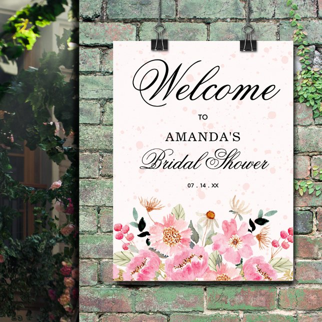 Pink Wildflowers Bridal Shower Welcome Sign (Pink floral bridal shower  welcome sign poster - PRINTED or INSTANT DOWNLOAD)
