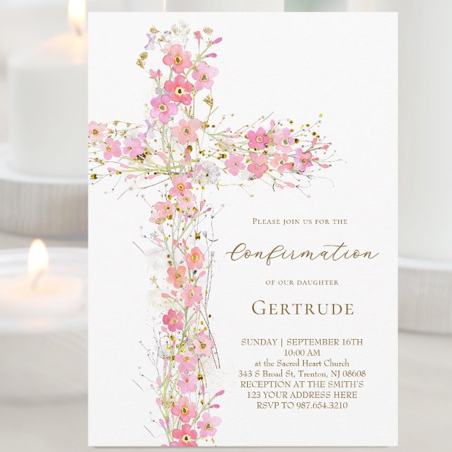pink wildflowers cross Confirmation Invitation (Creator Uploaded)