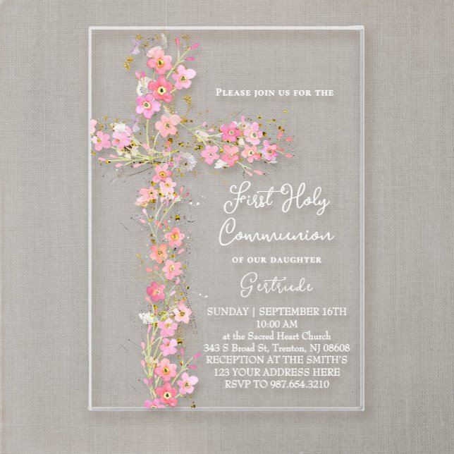 pink wildflowers cross First Holy Communion Acrylic Invitations (Creator Uploaded)