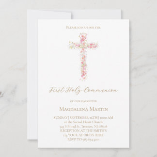pink wildflowers cross | First Holy Communion Invitation