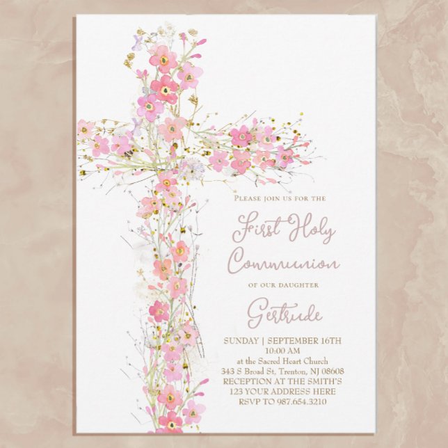 pink wildflowers cross First Holy Communion Invitation (Creator Uploaded)