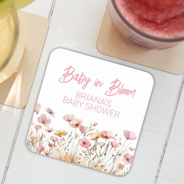 Pink Wildflowers Girl Baby Shower Square Paper Coaster (Creator Uploaded)