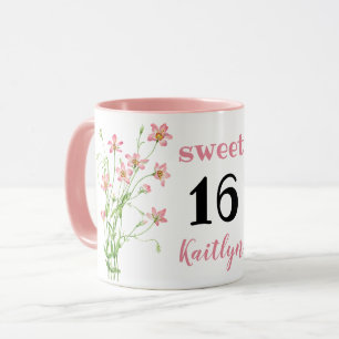 Pink Wildflowers Sweet 16 Birthday Personalise Mug