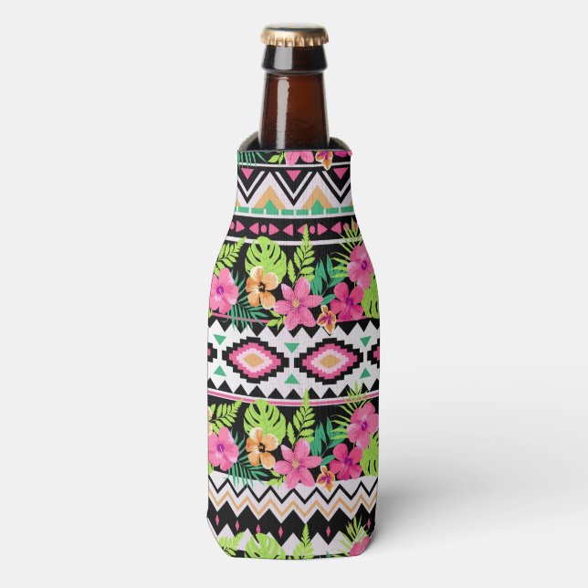Pink Wildflowers Tribal Pattern Bottle Cooler (Bottle Front)