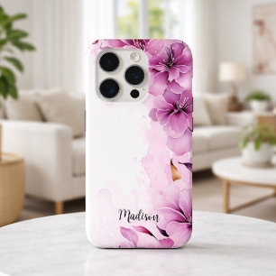 Pink Wildflowers Watercolor With Name iPhone 15 Pro Case