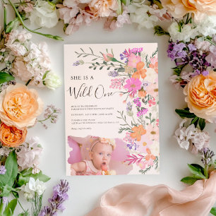 Pink Wildflowers Wild One Photo First Birthday Invitation