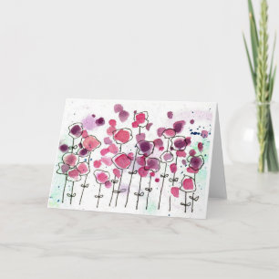 Pink Wildlfower Meadow Blank Note Card Watercolor