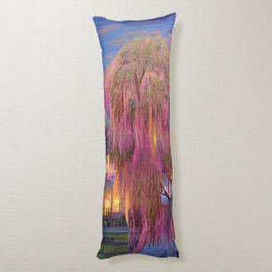 Pink Willow tree at sunset by the pond Body Cushion