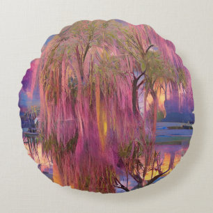 Pink Willow tree at sunset by the pond Round Cushion