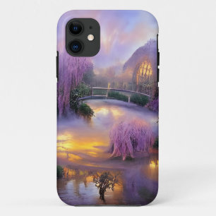  Pink Willow trees at sunset by the pond  iPhone 11 Case