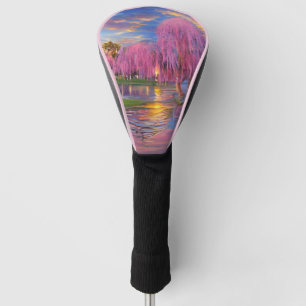 Pink Willow trees at sunset by the pond Golf Head Cover