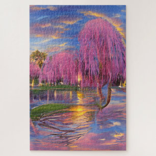Pink Willow trees at sunset by the pond Jigsaw Puzzle
