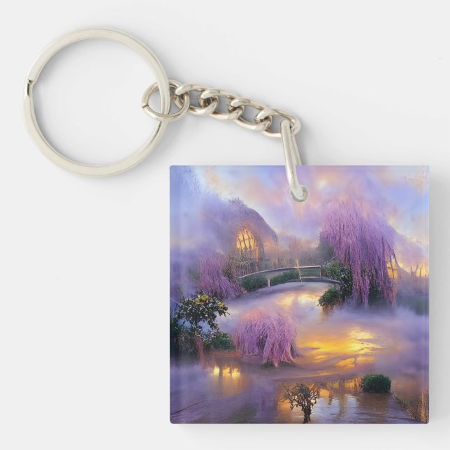  Pink Willow trees at sunset by the pond   Key Ring (Front)