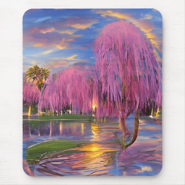 Pink Willow trees at sunset by the pond Mouse Pad (Front)
