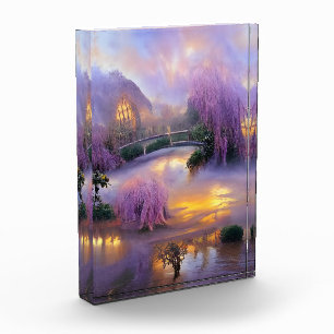 Pink Willow trees at sunset by the pond Photo Block