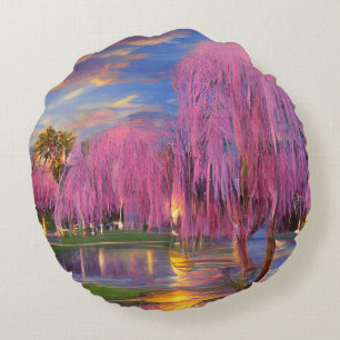 Pink Willow trees at sunset by the pond Round Cushion