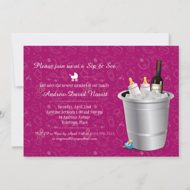 Pink Wine and Baby Bottles Sip and See Baby Shower Invitation (Front)