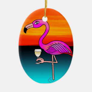 Pink Wine drinking Flamingo customised Ceramic Tree Decoration