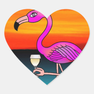 Pink Wine drinking Flamingo Heart Sticker