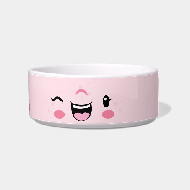 Pink Winking Kawaii Face Dog Bowl (Right)