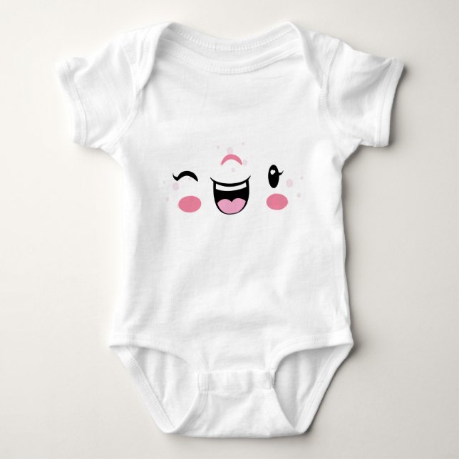Pink Winking Kawaii Face Kids Clothing Baby Bodysuit (Front)