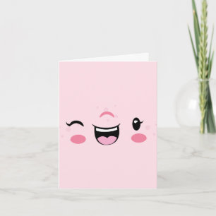 Pink Winking Kawaii Face Note Card